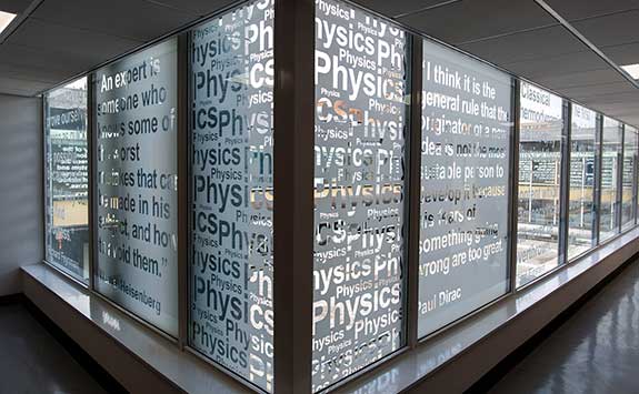 The Maths Stats and Physics Herschel Annexe corridors with windows showing inspirational quotes from notable mathematicians