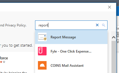 Searching for the Report Email add-in using Outlook desktop