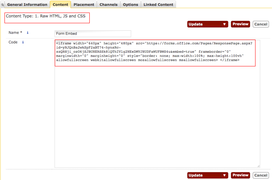 V7 component code field showing Microsoft Form Embed code placement
