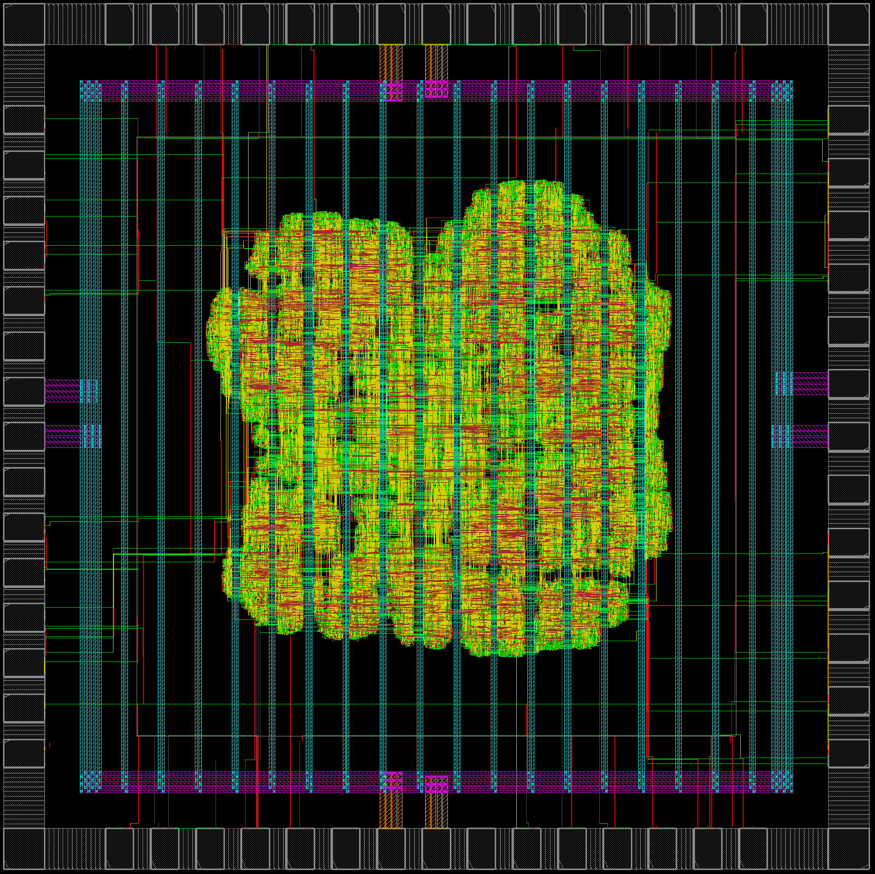 A modern machine learning accelerator layout consisting of intricate low-level interconnects, switching logic and storage devices 