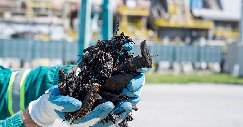 Close up of man holding shredded tires in front of rotary cement kiln used as alternative fuel