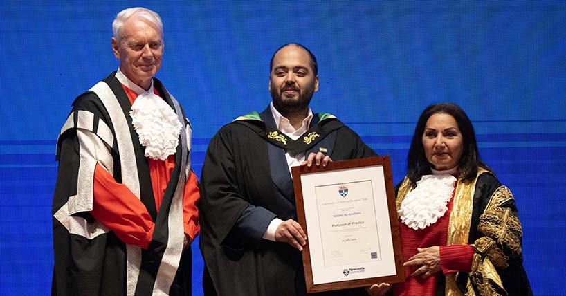 Mr Anant Ambani in black University gown is presented certificate by Professor Chris Day in red Vice-Chancellor's gown and by Imtiaz Dharker in red Chancellor's gown. Mr Anant Ambani in black University gown is presented certificate by Professor Chris Day in red Vice-Chancellor's gown and by Imtiaz Dharker in red Chancellor's gown.