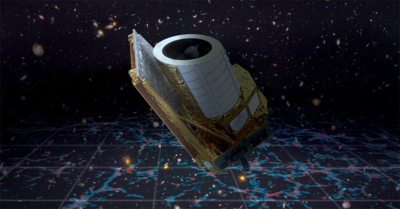 Artist impression of the Euclid mission in space. The spacecraft is white and gold and consists of three main elements: a flat sunshield, a large cylinder where the light from space will enter, and a 'boxy' bottom containing the instruments.