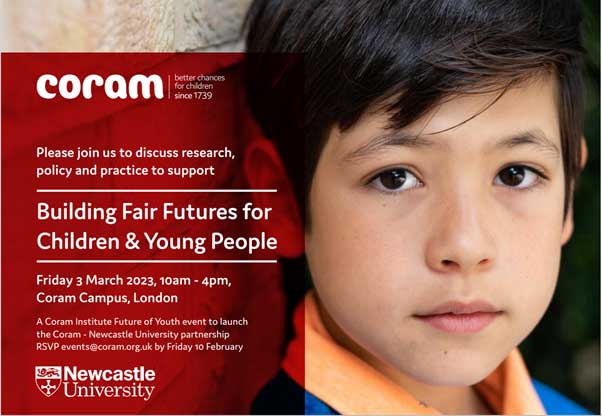 A photograph of a boy with details of the launch of the partnership between Newcastle University and the charity Coram