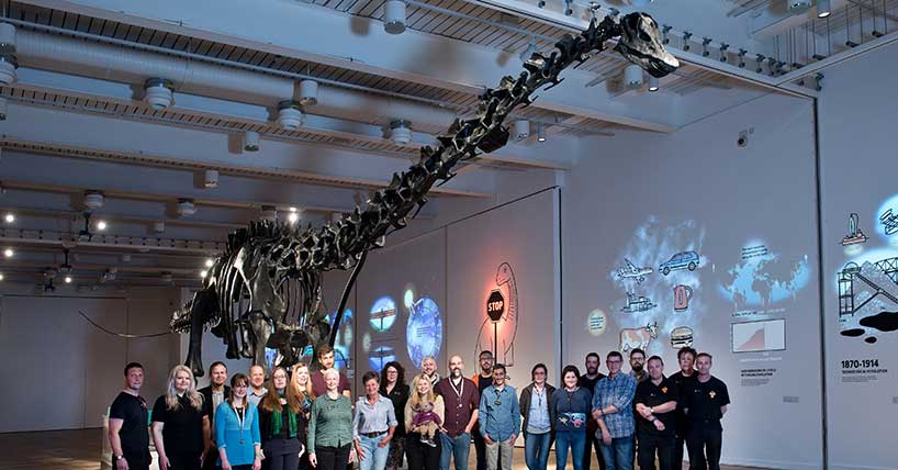 Dippy the dinosaur and staff at the museum.