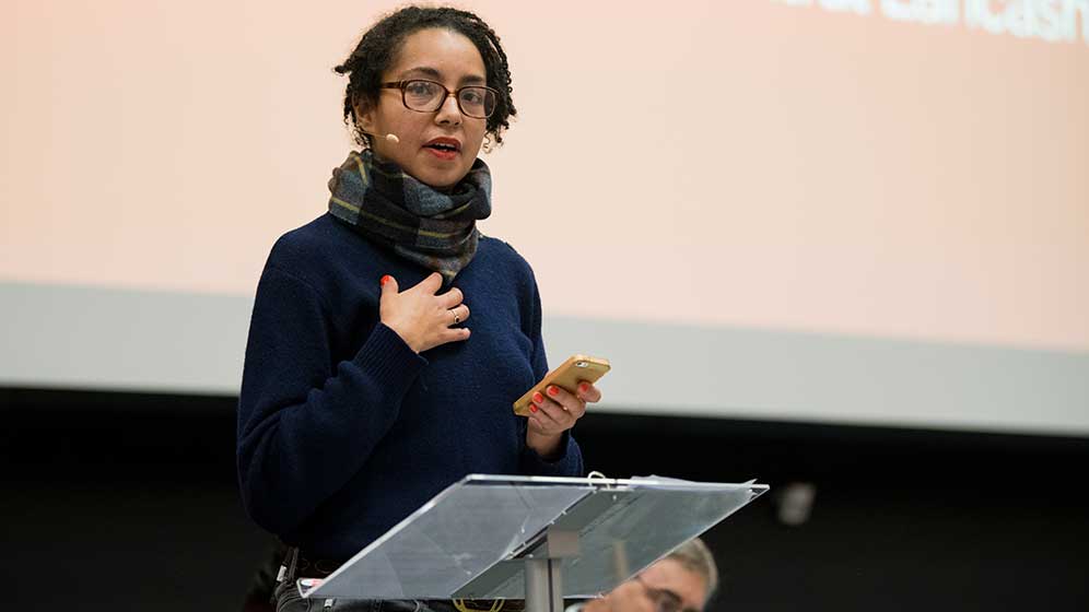 Visual artist Jade Montserrat addresses the audience during the Martin Luther King Memorial Lecture.