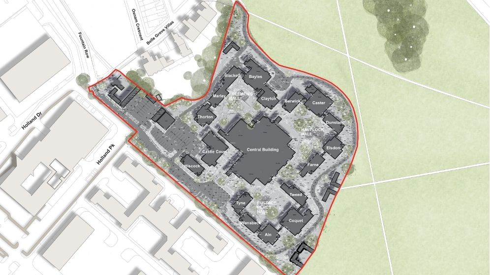 A bird's eye plan view of the existing Castle Leazes site layout.