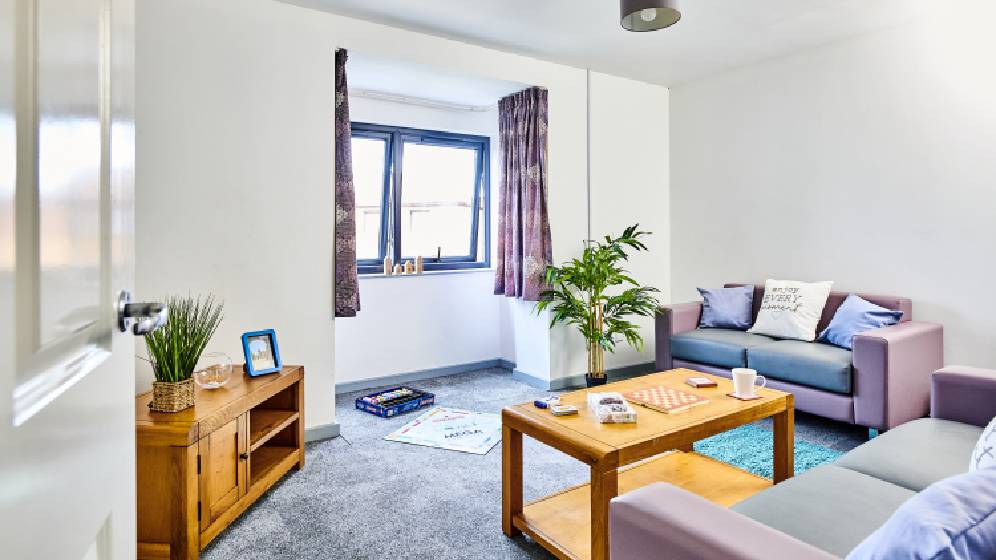 A living room with two, two seater fabric sofas. There is a TV stand but it has no TV on it. There are board games on the floor, under the window.