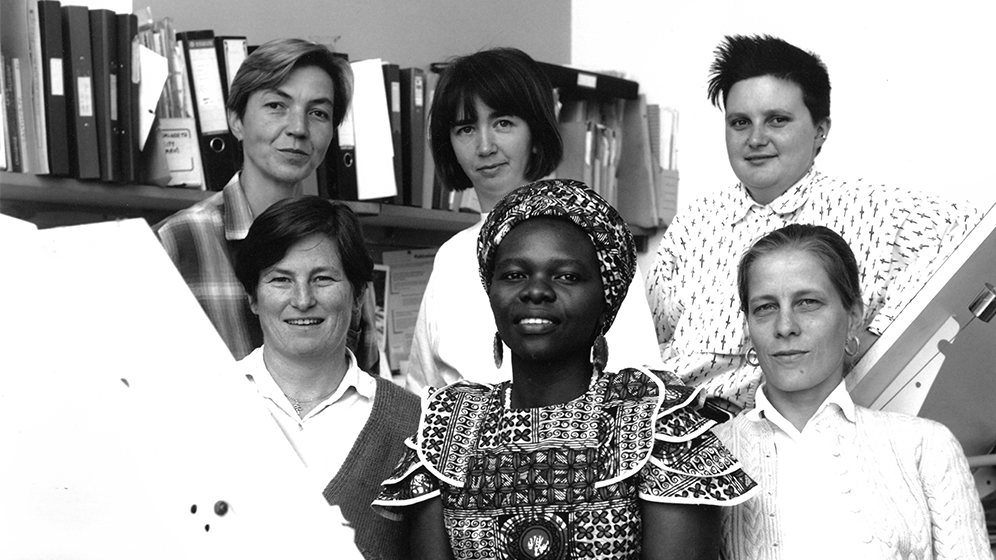Members of Matrix in the 1990s.  Back, from left: Mo Hildenbrand, Sheelagh McManus, Raechal Ferguson. Front, from left: Janie Grote, Annie-Louise Phiri and Julia Dwyer. Photograph: Jenny Burgen.  Courtesy of Sue Ridge.
