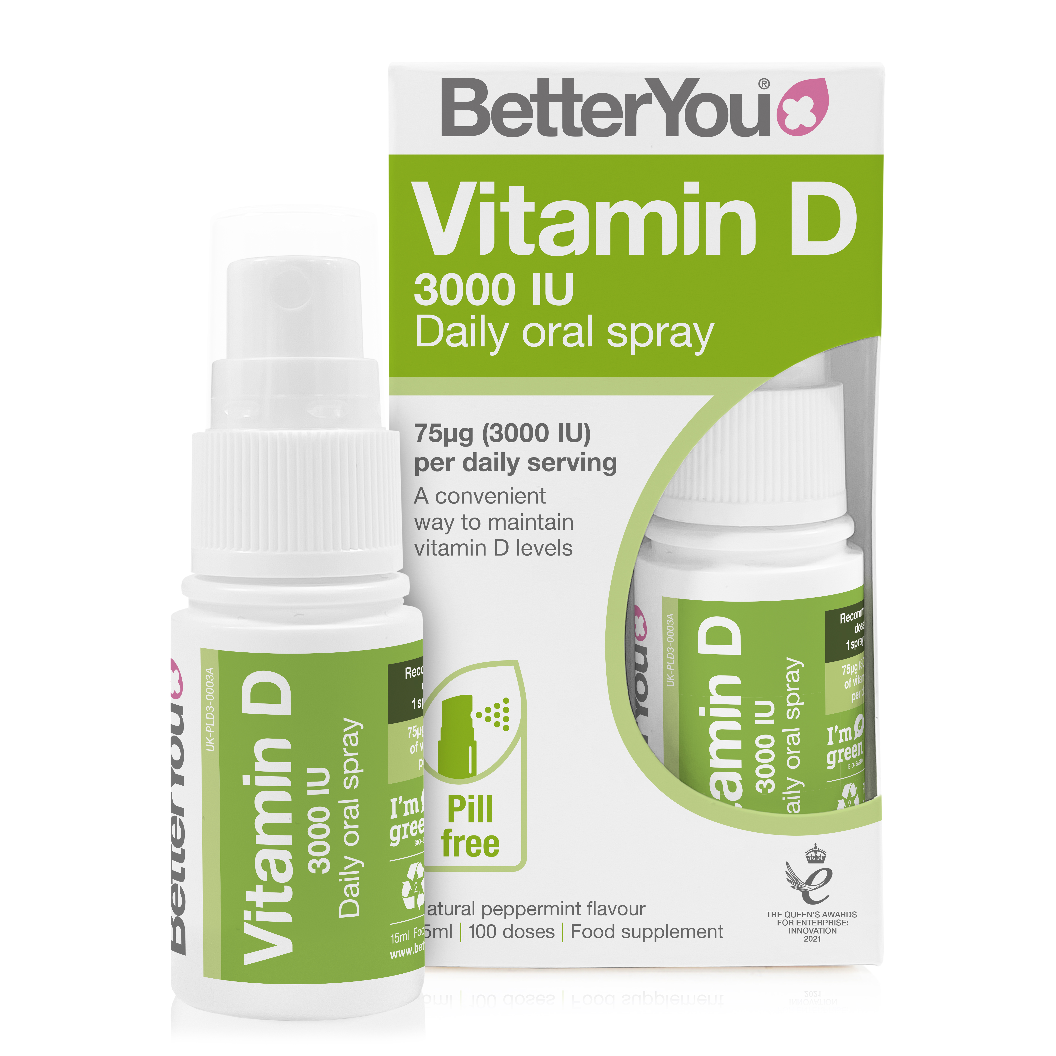 Nasal spray bottle and box with Vitamin D labels