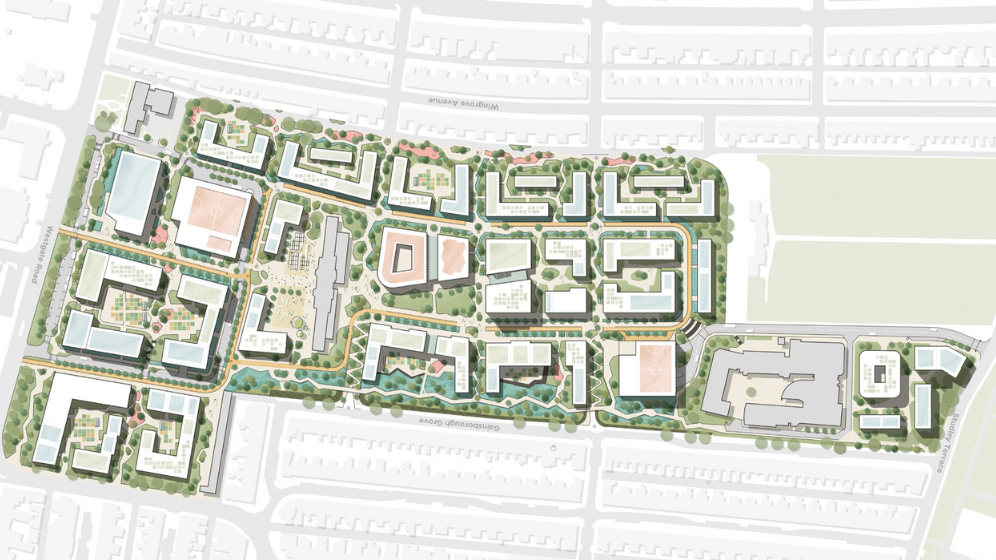 This image shows a bird's eye drawing of the site showing the potential layout of paths, open spaces and buildings. 