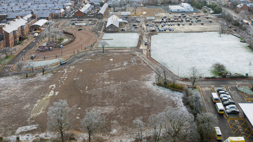 This image show the empty plots currently available on the site. To the left and middle distance, you can see the remaining buildings, which show there is a lot of land to be developed