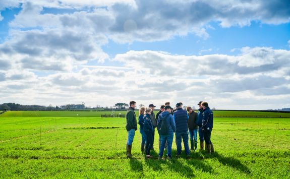 A group of students are studying crops in a field at the University's Cockle Park farm. It is a bright but cloudy day. The field is lush and green. The sun is quite low int he sky and casting a shadow of the student group across the ground.