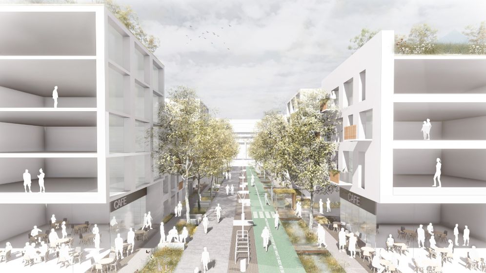 An architectural impression of a tree lined boulevard between buildings. Pedestrians and cyclists make their way towards and away from the development's centre.