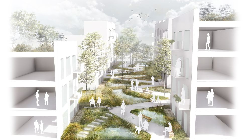 We hope to develop green streets that are both visually pleasing and environmentally positive. This image shows how a path between buildings can incorporate ponds, beds and planters.