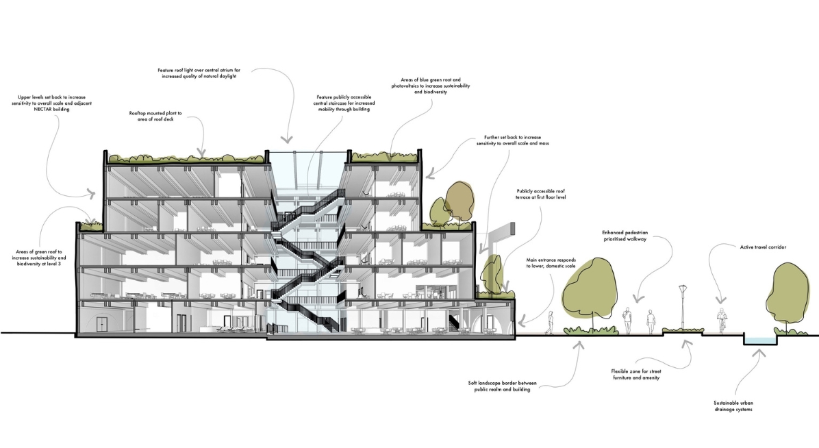 A cross section through the building design.