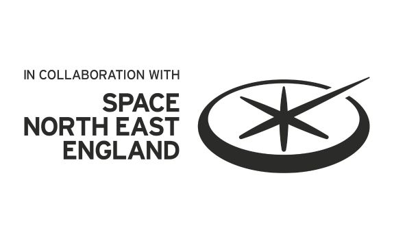 The Space North East consortium logo. The logo include the words, Space North East England. Alongside the words is a circle containing a star-like compass rose. The arrow to the North East is bursting through the circle.