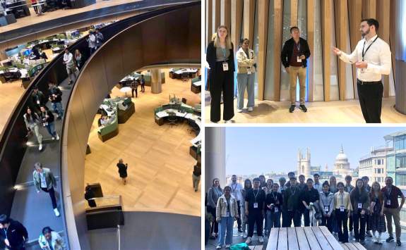 Collage of three images - students on Bloomberg HQ walkway, students interacting with NUBS alumnus Cameron Bateman, and a group photo of the NUBS Master