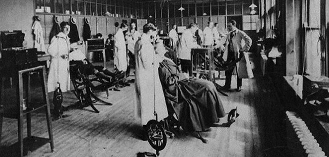 An image from the Dental School brochure 1910, showing student dentists under instruction at the Percy Street clinic. Many potential army recruits turned down for 