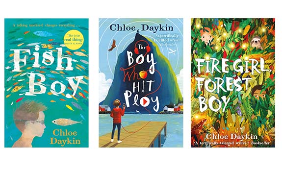 Books by Chloe Daykin - Fish boy, The boy who hit play and Fire girl, forest boy