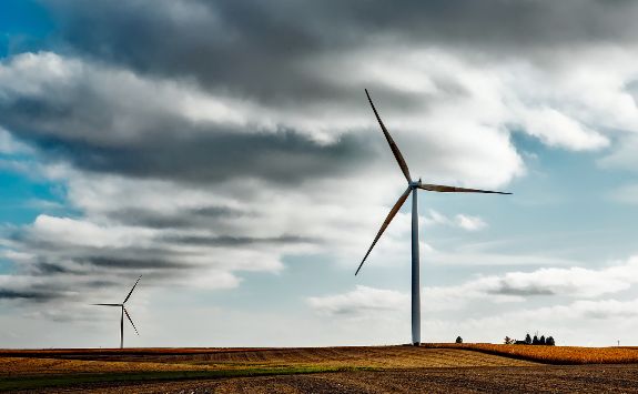 Wind turbines in a field.