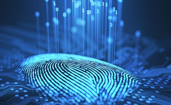 Signal and Information Processing: digital fingerprint in neon blue surrounded by 1s and 0s and a circuit board