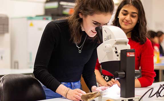 Two students look at artefacts through a telescope.