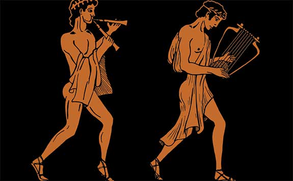 Ancient Greek musicians depicted in attic pottery.