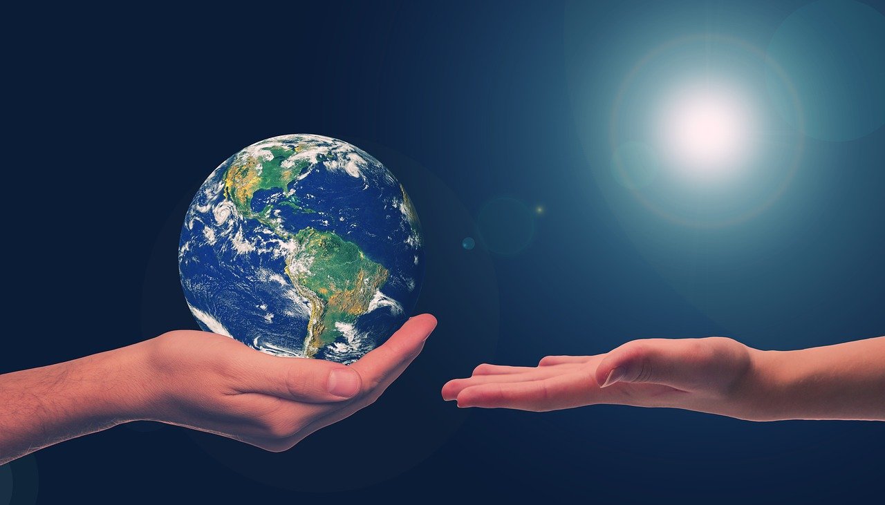 A graphic representing the handover of the Earth to future generations