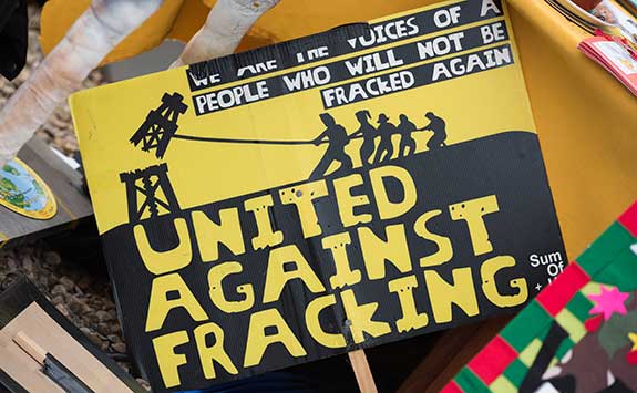 A banner from a protest against fracking in the UK.