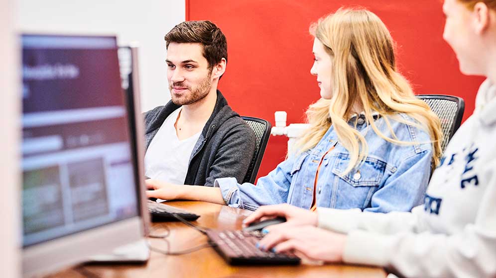 Students use the computer cluster within the Law Library.