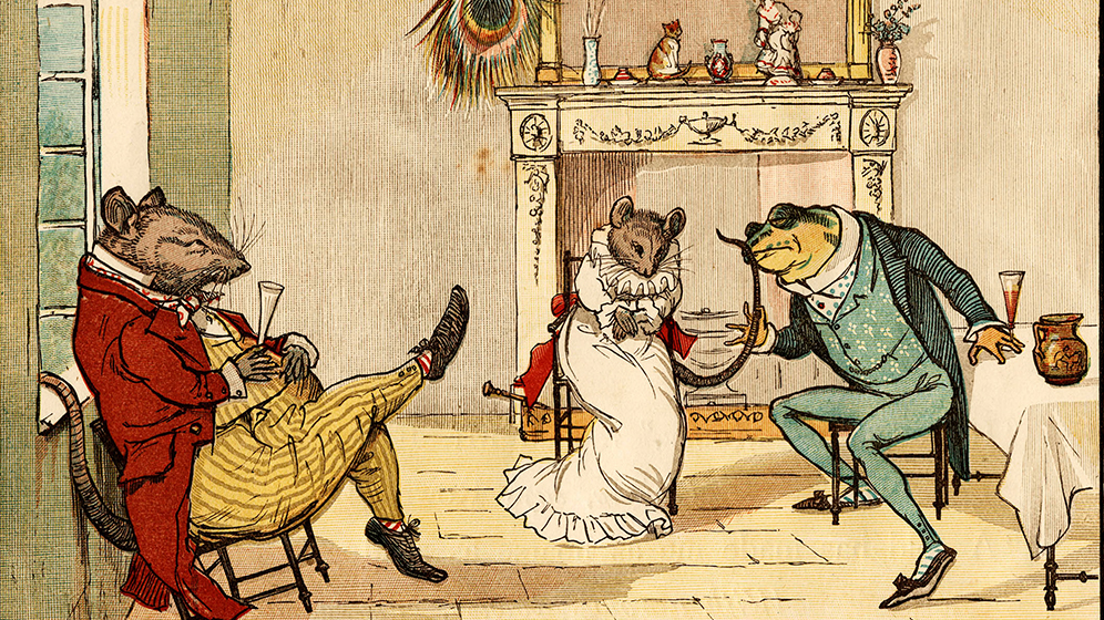 llustration of Mr. Frog singing to Mr. Rat and Miss Mouse.