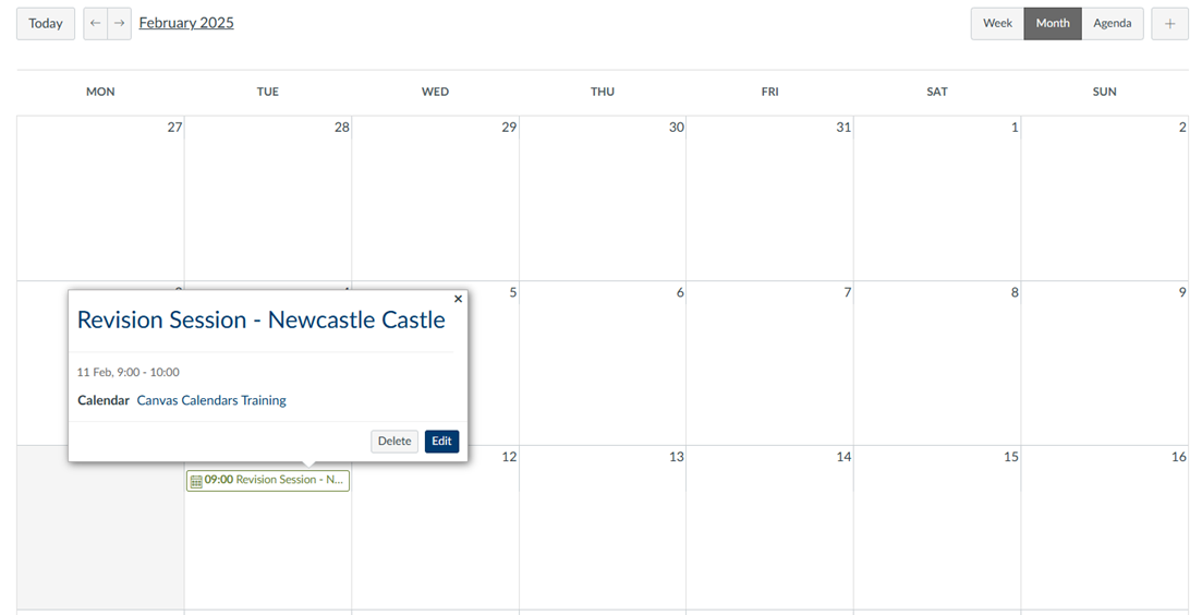 Screenshot of Canvas Calendar with example revision event