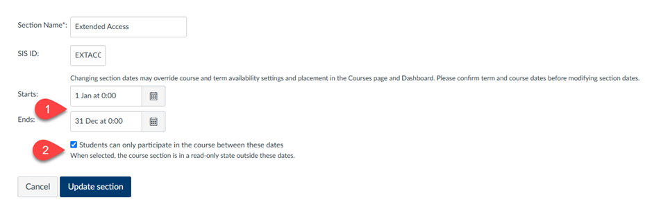 Screenshot of Canvas Section Settings