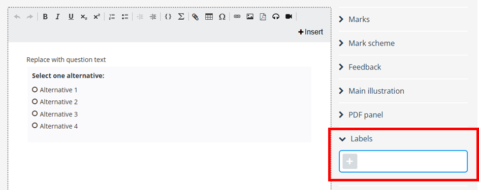A screenshot of the label function in Inspera question.