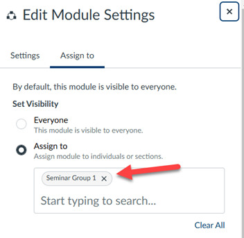 Image of Canvas Module Assign To with Seminar Group 1 assigned