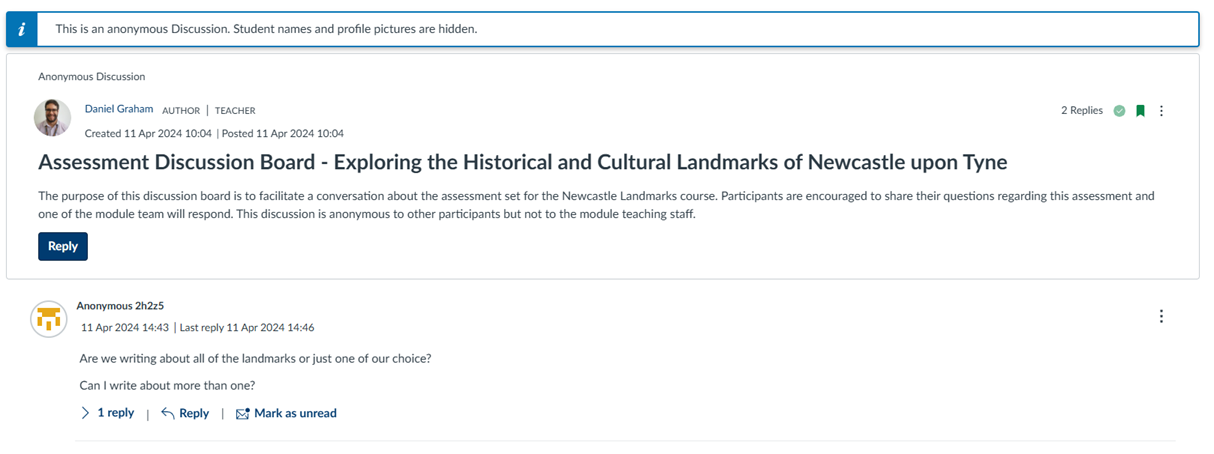 Screenshot of Canvas Anonymous Discussion Board for Assessment Questions
