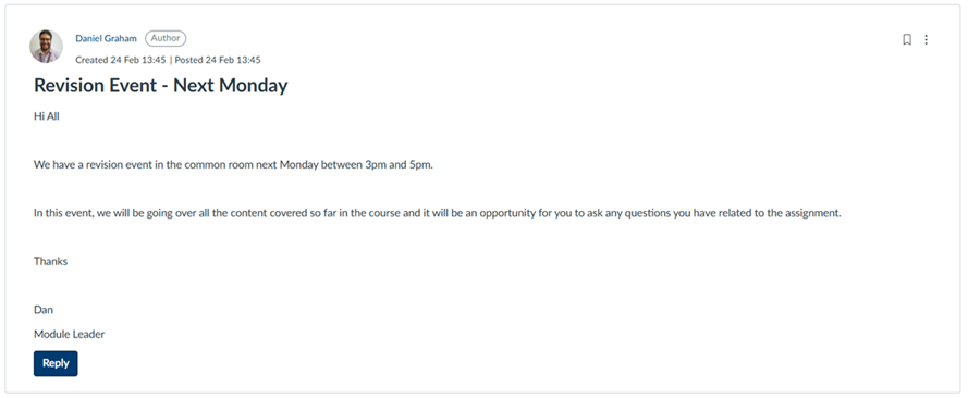 screenshot of Canvas announcement advertising a revision event