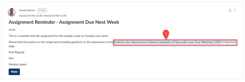 Screenshot of Canvas Announcement reminding students to submit their assignment