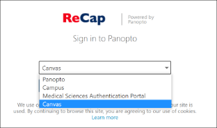 Image of ReCap login options drop down menu with Canvas selected