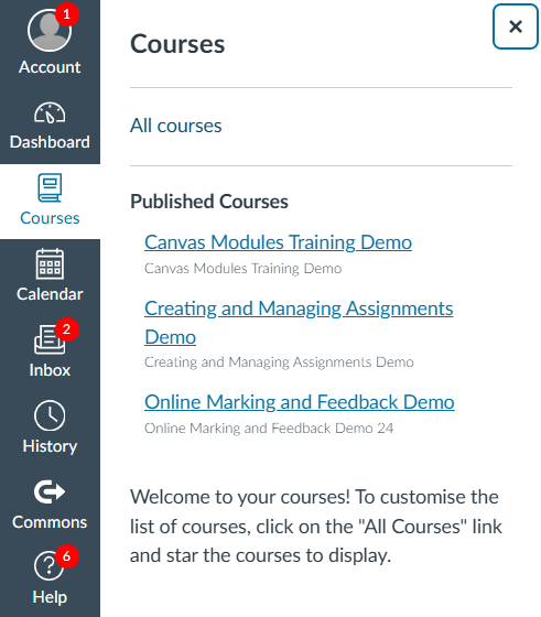 Screenshot of the Canvas Global Navigation Courses