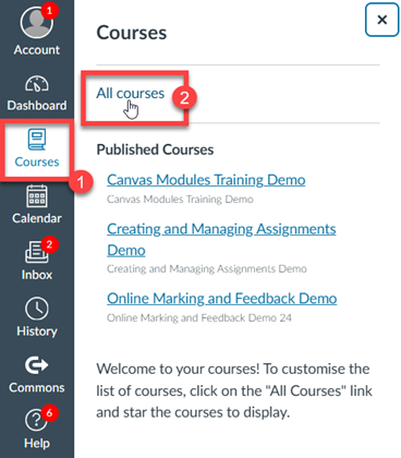 Screenshot of Global Navigation, courses with all courses highlighted