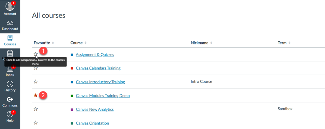 Screenshot of the Canvas Course list with favourites selected