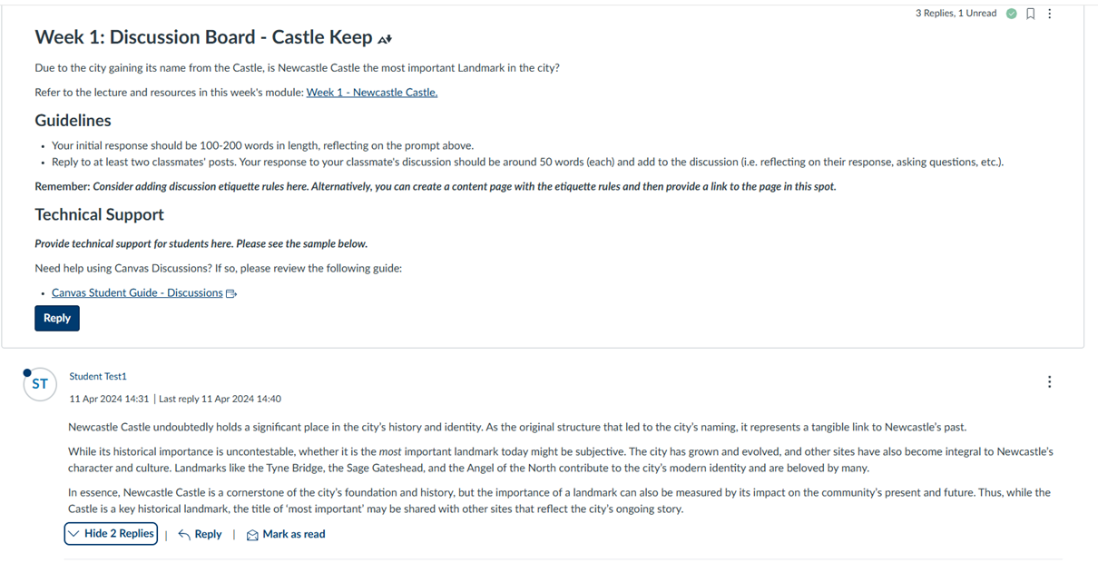 Screenshot of Canvas Discussion for Classes