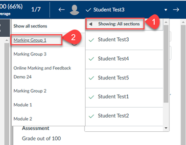 Screenshot of Canvas SpeedGrader with filter dropdowns