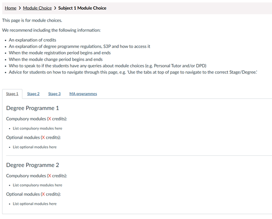 Screenshot of Module Choice Guidance in the community