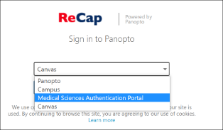 Image of ReCap login options drop down menu with Medical Sciences Authentication Portal selected