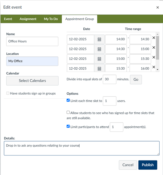 Screenshot of Appointment Scheduler for Office Hours