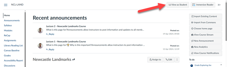 Image of Canvas with View as a Student button highlighted