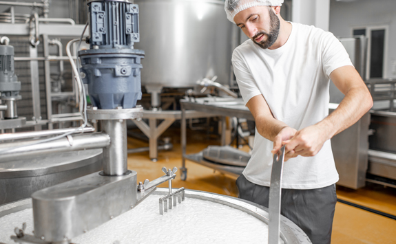 Man mixing milk in a stainless tank during the fermentation process of cheese manufacturing.